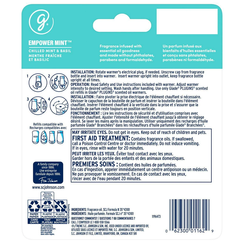 Glade Plugins® Air Freshener Oil Refill, Empower Mint™, 2 Refills