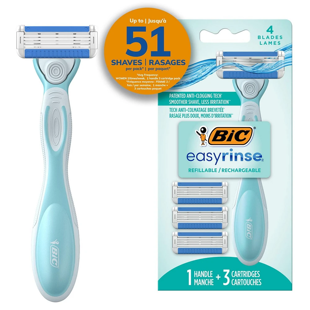 BIC EasyRinse Anti-Clogging, Refillable Women's Razors With 4 Blades, 1 Razor Handle and 3 Refill Razor Cartridges Razor Kit, 1 Handle + 3 Cartridges