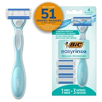 BIC EasyRinse Anti-Clogging, Refillable Women's Razors With 4 Blades, 1 Razor Handle and 3 Refill Razor Cartridges Razor Kit, 1 Handle + 3 Cartridges