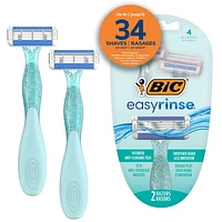 BIC EasyRinse Anti-Clogging Women's Disposable Razors for a Smoother Shave With Less Irritation*, Shaving Razors With 4 Blades, 2 Count, 2 Pack