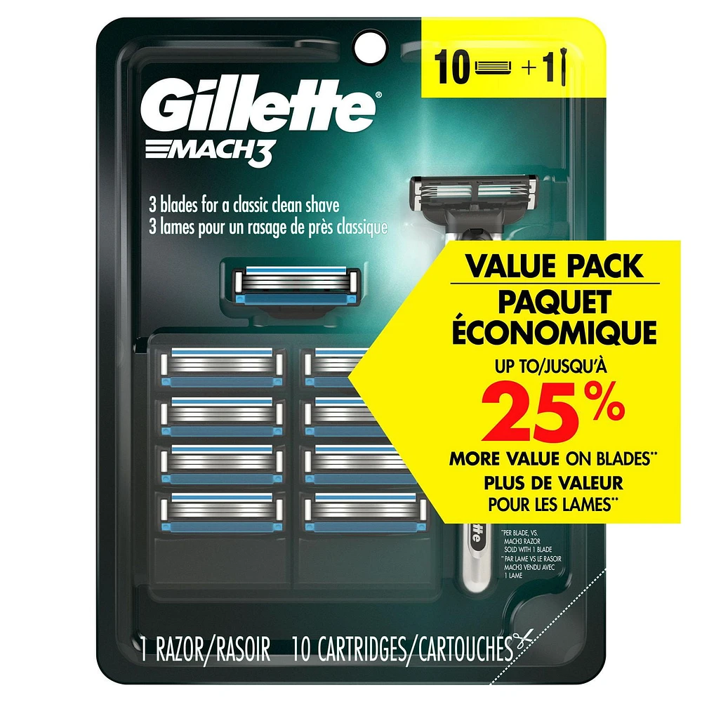 Gillette Mach3 Men's Razor, Handle + 10 Blade Refills