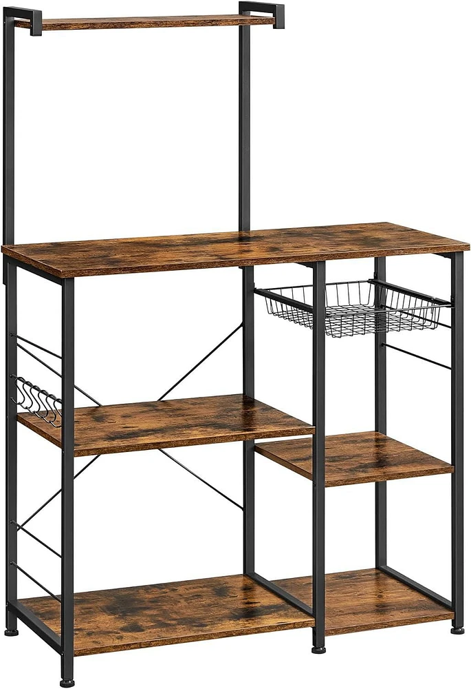 Boutique Home Baker’s Rack Microwave Stand or Utility Shelf with Wire Basket and 6 S-Hooks