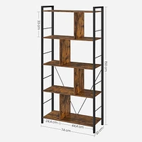 Boutique Home 5 Tiers Bookshelf with Open Compartments in Rustic Industrial Look