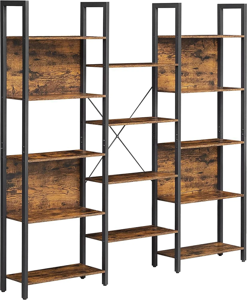 Boutique Home 5 Tier Large Bookshelf, Triple Wide Bookcase with 14 Storage Shelve in an Industrial Rustic Brown Style