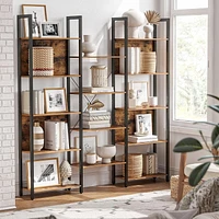 Boutique Home 5 Tier Large Bookshelf, Triple Wide Bookcase with 14 Storage Shelve in an Industrial Rustic Brown Style