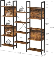 Boutique Home 5 Tier Large Bookshelf, Triple Wide Bookcase with 14 Storage Shelve in an Industrial Rustic Brown Style