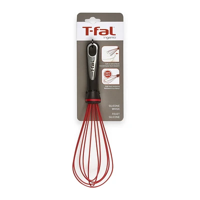 T-Fal Ingenio Silicone Whisk, Red, Black handle, Dishwasher safe, All-purpose tool, Mixing, Whisking, Beating, Stirring, Silicone covered wires, Durable, Flexible, No scratch, Good for non-stick cookware