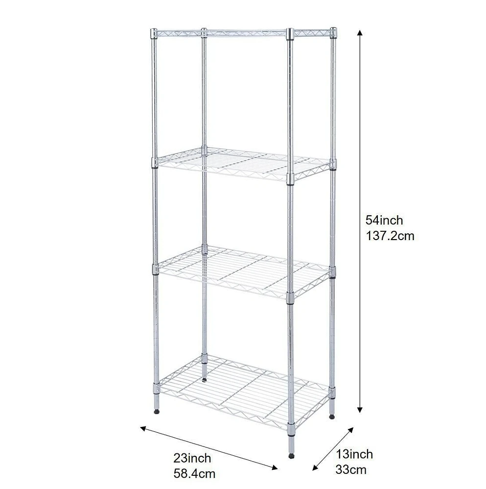 MAINSTAYS Étagère en fil métallique à 4 niveaux, support de rangement en métal, organisateur réglable, parfait pour le garde-manger, salle de bain, cuisine, organisation de placard, Style de taille étroite Taille du produit assemblé :58.42x33x137.16H cm; Finition: Chrome