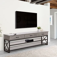 CorLiving Houston Oak Wood Veneer TV Bench with Glass Shelves for TVs up to 90"