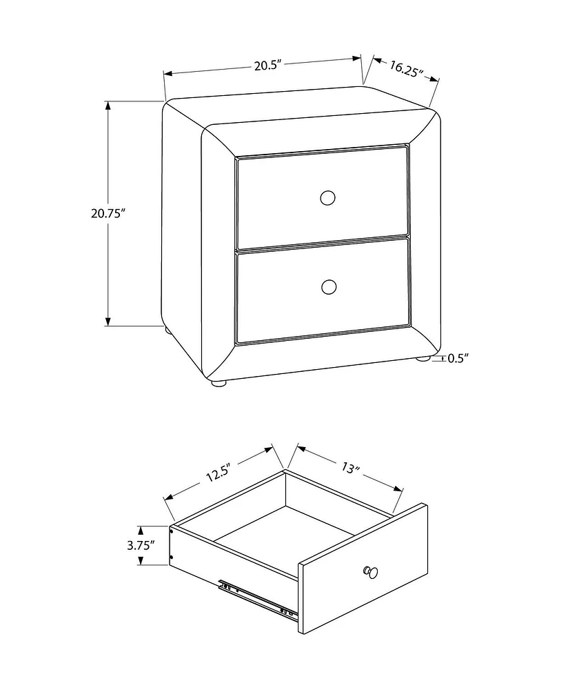 Monarch Specialties Bedroom Accent, Nightstand, End, Side, Lamp, Storage Drawer, Bedroom, Upholstered, Pu Leather Look, Grey, Transitional