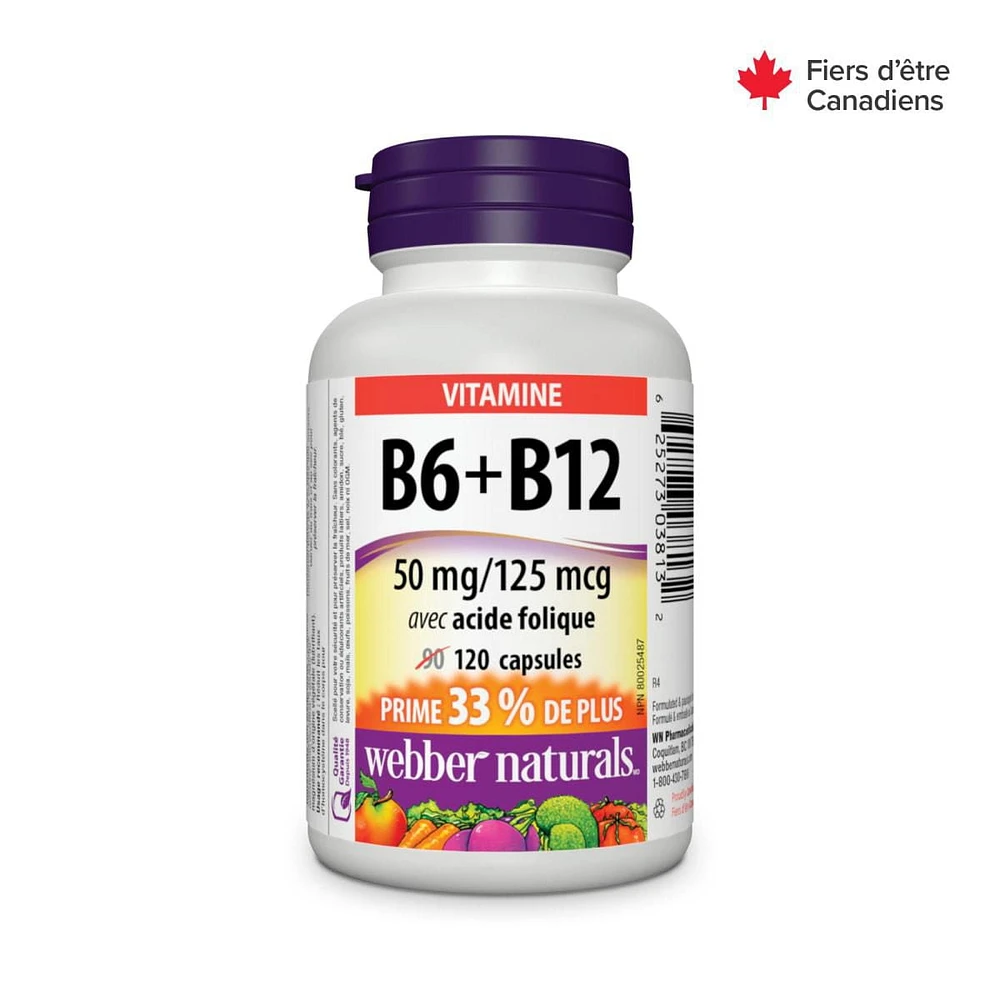 Webber Naturals® Vitamin B6 + B12 with Folic Acid, 50 mg/125 mcg, 120 Capsules, Bonus 33% more,