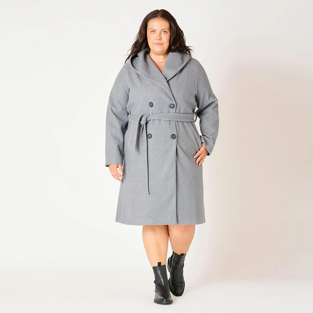 Devoted Women’s Plus size Knee length belted hooded coat, Belted hooded coat