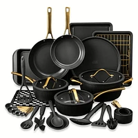 Thyme & Table Signature Series 32-Piece Cookware & Bakeware Set Ribbed Collection, Black, Cook Bake Set