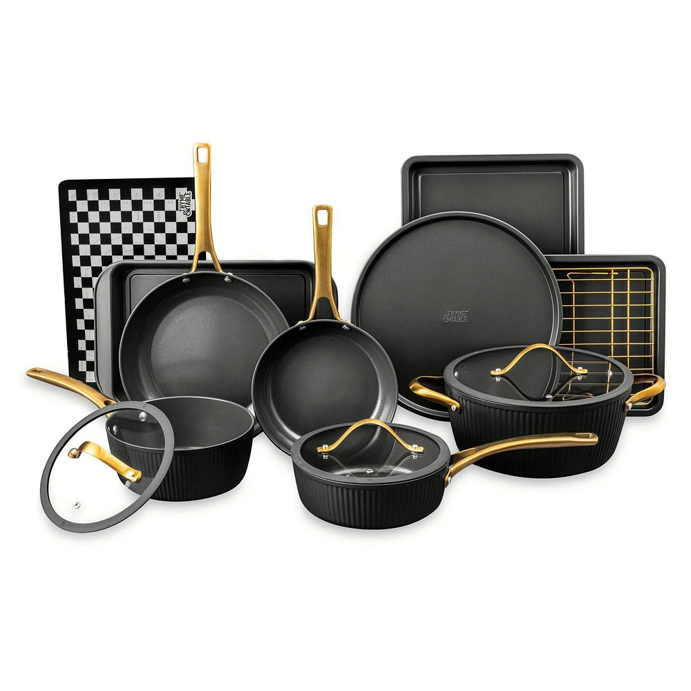 Thyme & Table Signature Series 32-Piece Cookware & Bakeware Set Ribbed Collection, Black, Cook Bake Set