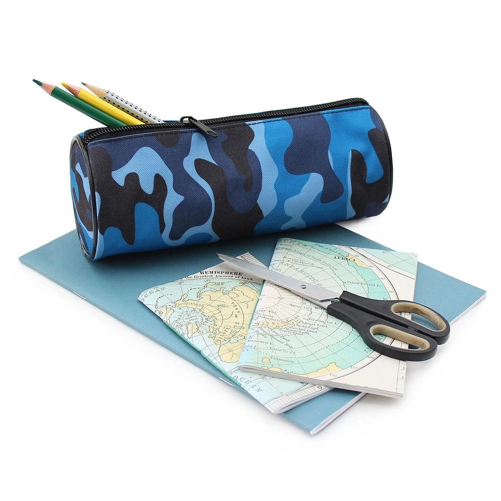 Pen+Gear Blue Camo Barrel Pencil Pouch in Durable Polyester