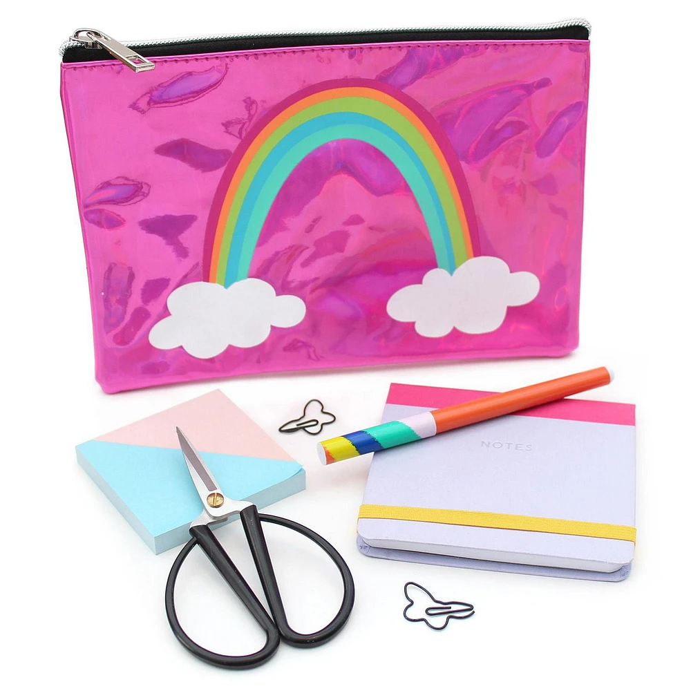 Pen+Gear Metallic Icon Pencil Pouch with Rainbow Design and Silver Zip