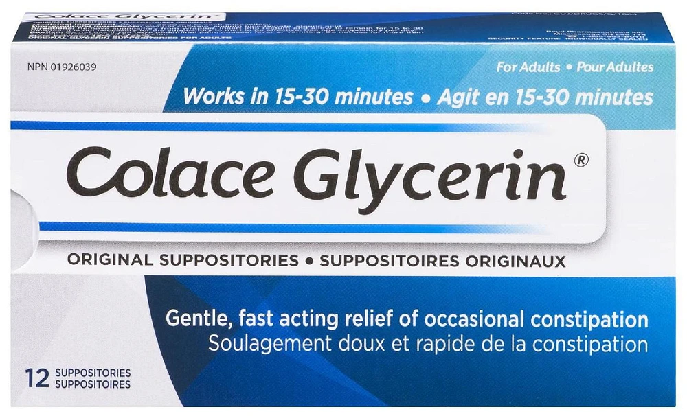 Colace Glycerin Suppositories - Adult | Gentle Fast Acting Relief of Occasional Constipation, 12 Suppositories