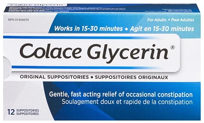 Colace Glycerin Suppositories - Adult | Gentle Fast Acting Relief of Occasional Constipation, 12 Suppositories