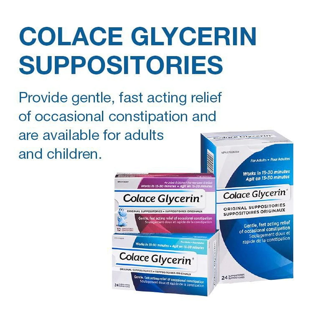 Colace Glycerin Suppositories - Adult | Gentle Fast Acting Relief of Occasional Constipation, 12 Suppositories