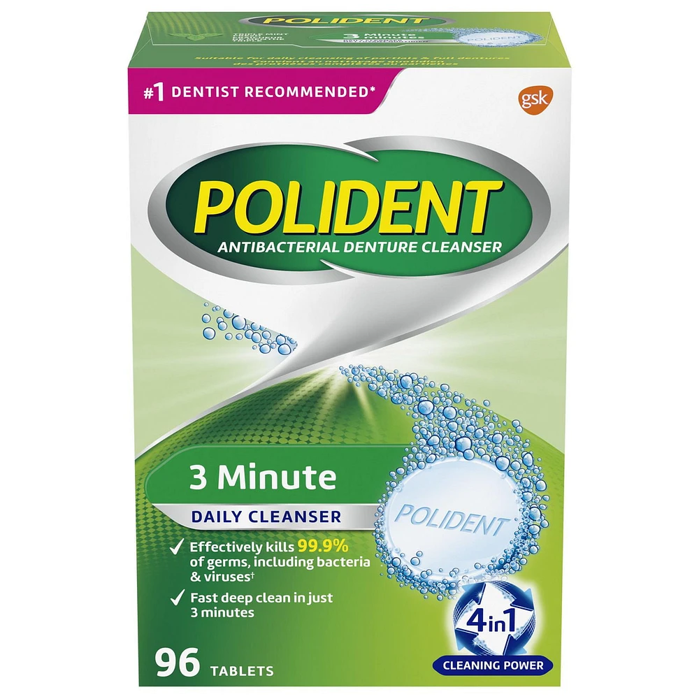 Polident 3 Minute Daily Denture Cleanser 96ct, 96 tabs Triple Mint Fresh