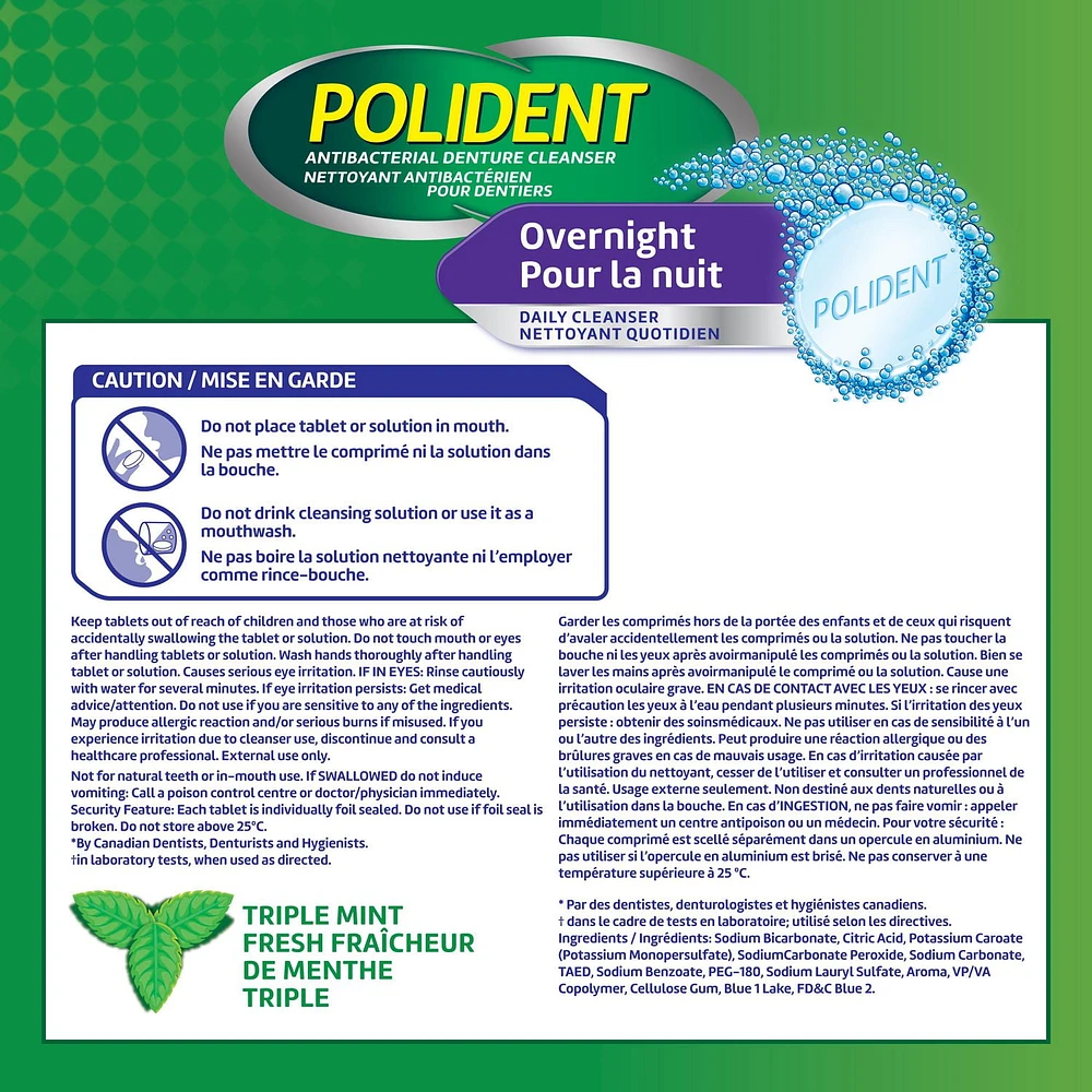 Polident Overnight Daily Denture Cleanser, 96 tabs Triple Mint Fresh