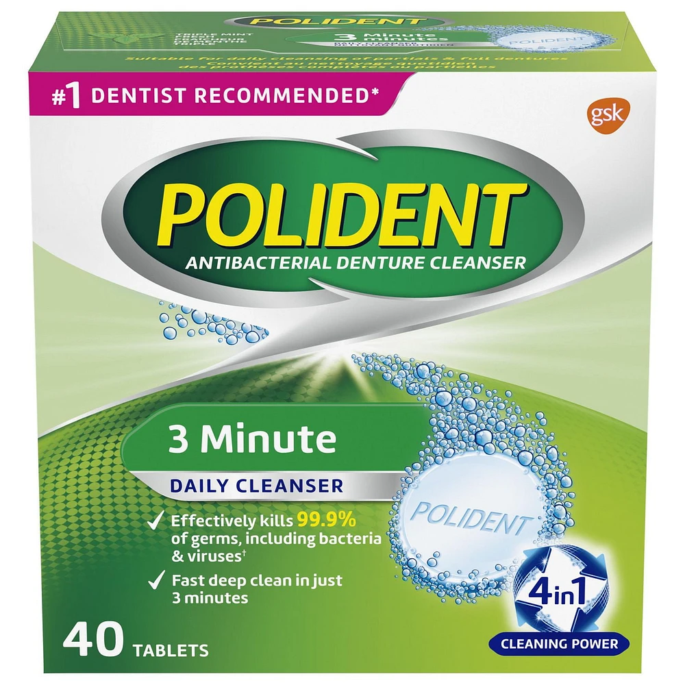 Polident 3 minutes Nettoyant quotidien pour prothèses dentaires Fraîcheur de menthe triple