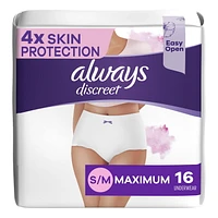 Always Discreet for Sensitive Skin Underwear, Four Times Skin Protection, Dermatologically Tested, Fragrance-Free, Maximum Absorbency S/M, 16CT