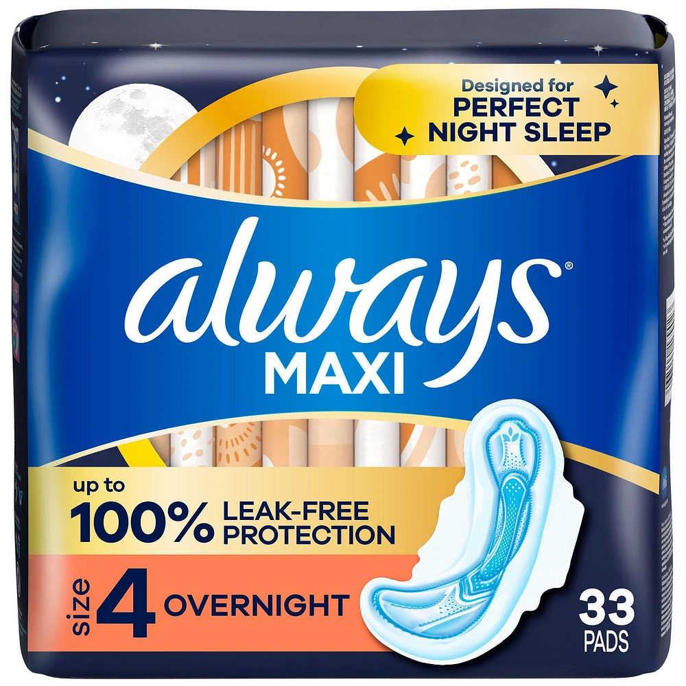 Serviettes Always Maxi de nuit, degré d’absorption de nuit, avec ailes, pour femmes, taille 4, non parfumées 33CT