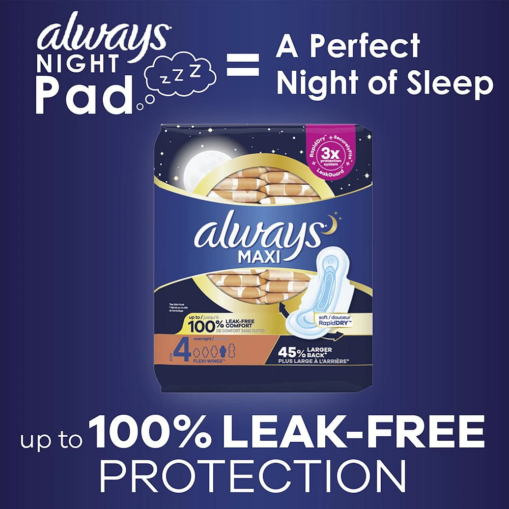 Serviettes Always Maxi de nuit, degré d’absorption de nuit, avec ailes, pour femmes, taille 4, non parfumées 33CT