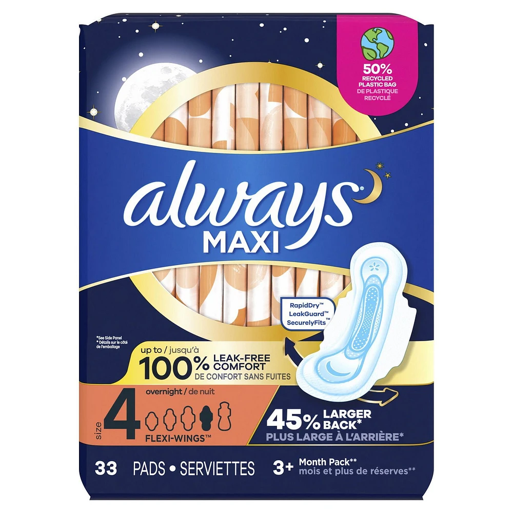 Serviettes Always Maxi de nuit, degré d’absorption de nuit, avec ailes, pour femmes, taille 4, non parfumées 33CT