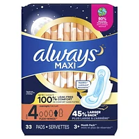Serviettes Always Maxi de nuit, degré d’absorption de nuit, avec ailes, pour femmes, taille 4, non parfumées 33CT
