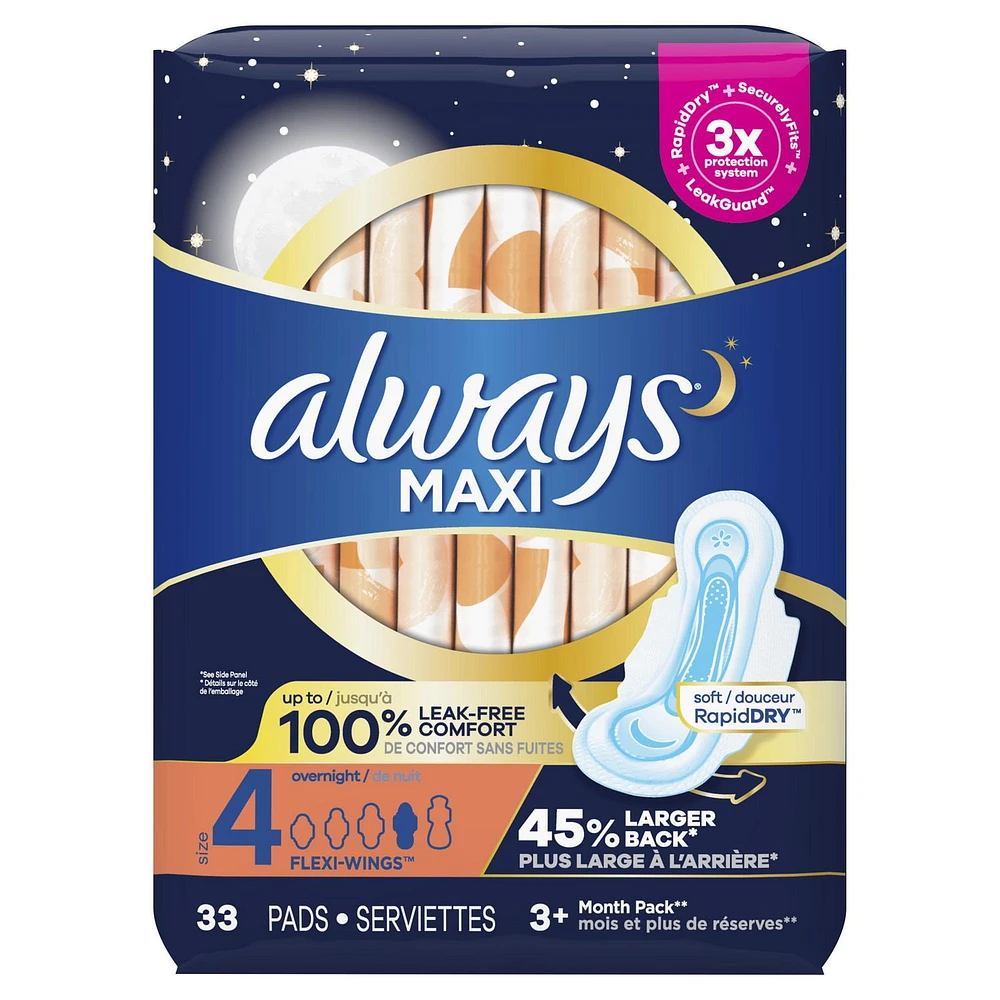Serviettes Always Maxi de nuit, degré d’absorption de nuit, avec ailes, pour femmes, taille 4, non parfumées 33CT