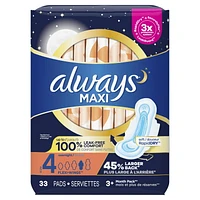 Serviettes Always Maxi de nuit, degré d’absorption de nuit, avec ailes, pour femmes, taille 4, non parfumées 33CT