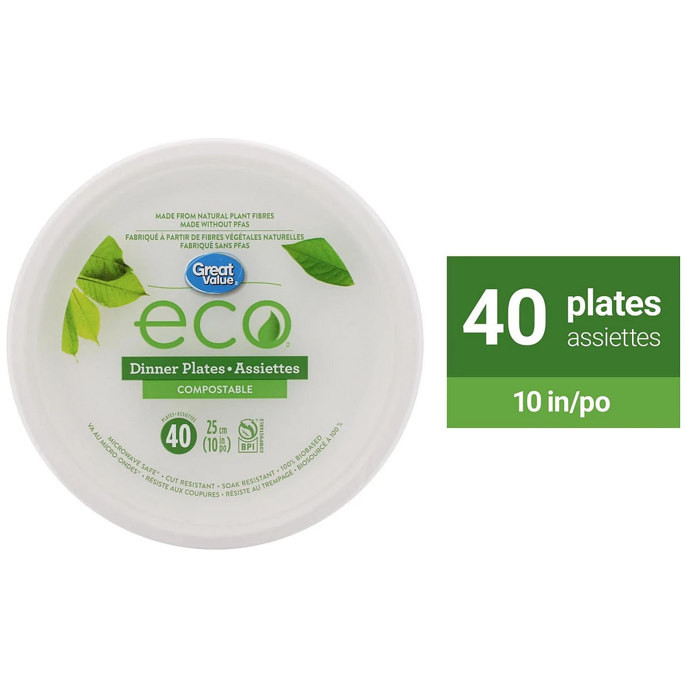 Great Value Eco Compostable Dinner Plates, 40 x 25cm (10in)