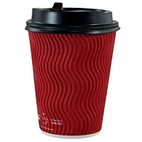 Double Wall Cup, 12oz, Red, & Dome Lid with Latch, Black, Set of 50 Cups and Lids