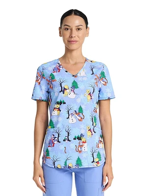 Disney Winnie The Pooh 100 Acre Snow Day Women's V-Neck Print Scrub Top