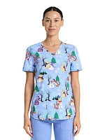 Disney Winnie The Pooh 100 Acre Snow Day Women's V-Neck Print Scrub Top