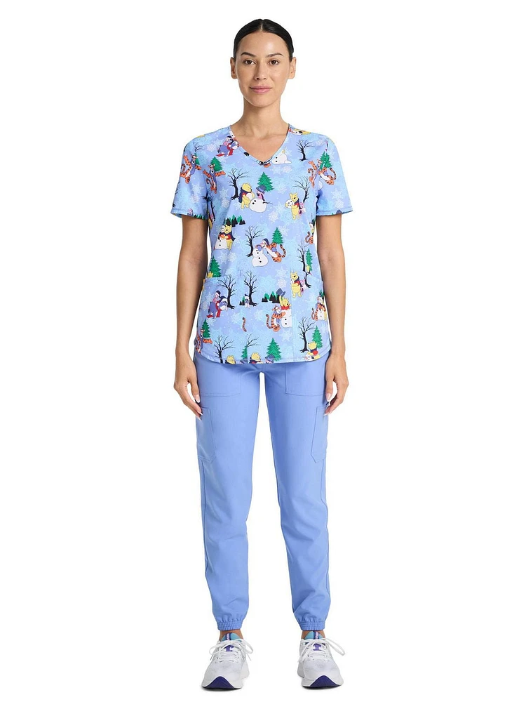 Disney Winnie The Pooh 100 Acre Snow Day Women's V-Neck Print Scrub Top