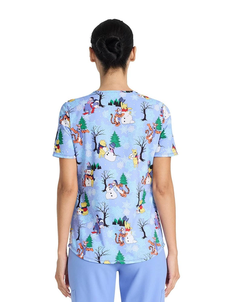 Disney Winnie The Pooh 100 Acre Snow Day Women's V-Neck Print Scrub Top