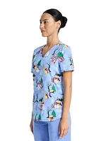 Disney Winnie The Pooh 100 Acre Snow Day Women's V-Neck Print Scrub Top