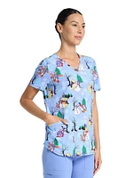 Disney Winnie The Pooh 100 Acre Snow Day Women's V-Neck Print Scrub Top