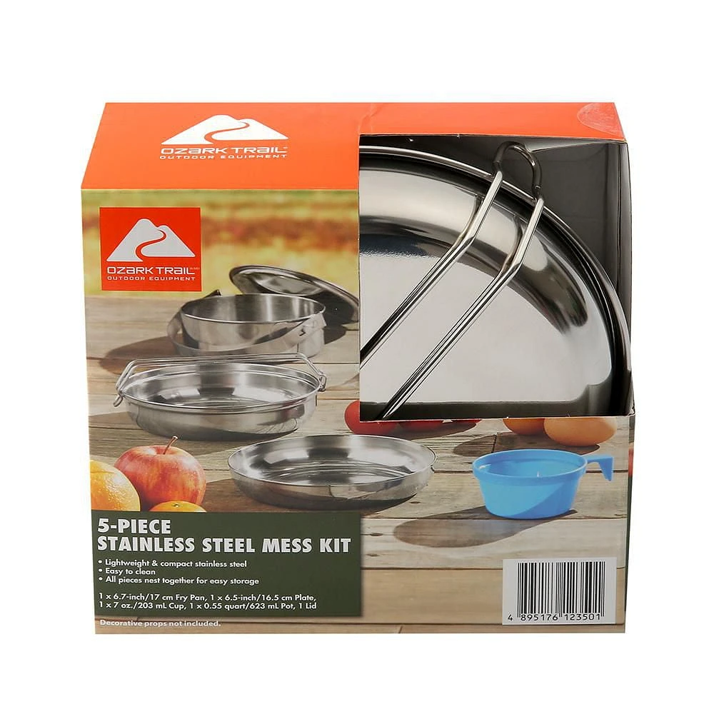 Ozark Trail Space-saving 5-Piece Cookware Mess Kit, Stainless Steel and Plastic, Ozark Trail 5 Piece Camping Mess Kit