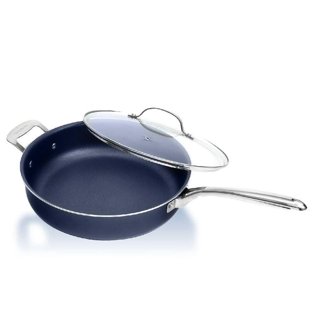 GraniteStone Blue Nonstick Sauté Pan with Lid – 5.5 Quart. Multipurpose Jumbo Cooker Fry Pan with Glass Lid, Stay Cool Handle + Helper Handle, Oven, Stovetop & Dishwasher Safe, 100% PFOA Free