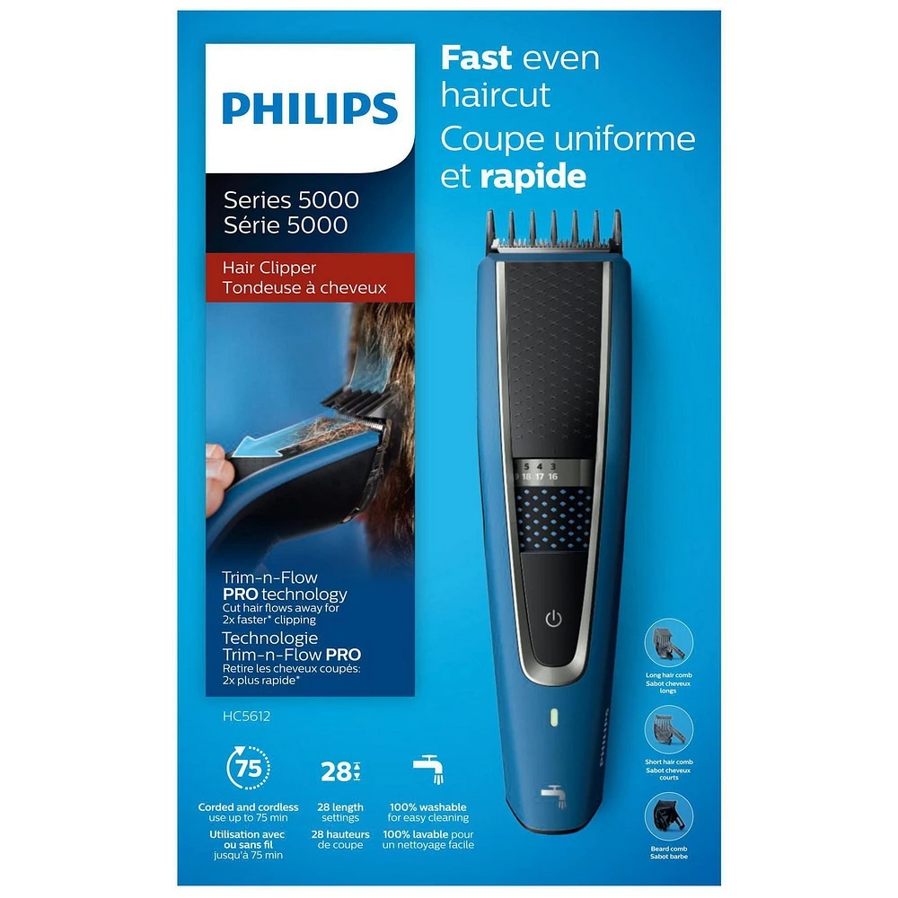 Philips Hairclipper Series 5000 with Trim-n-Flow PRO Technology, Washable, HC5612/15, Washable hair clipper