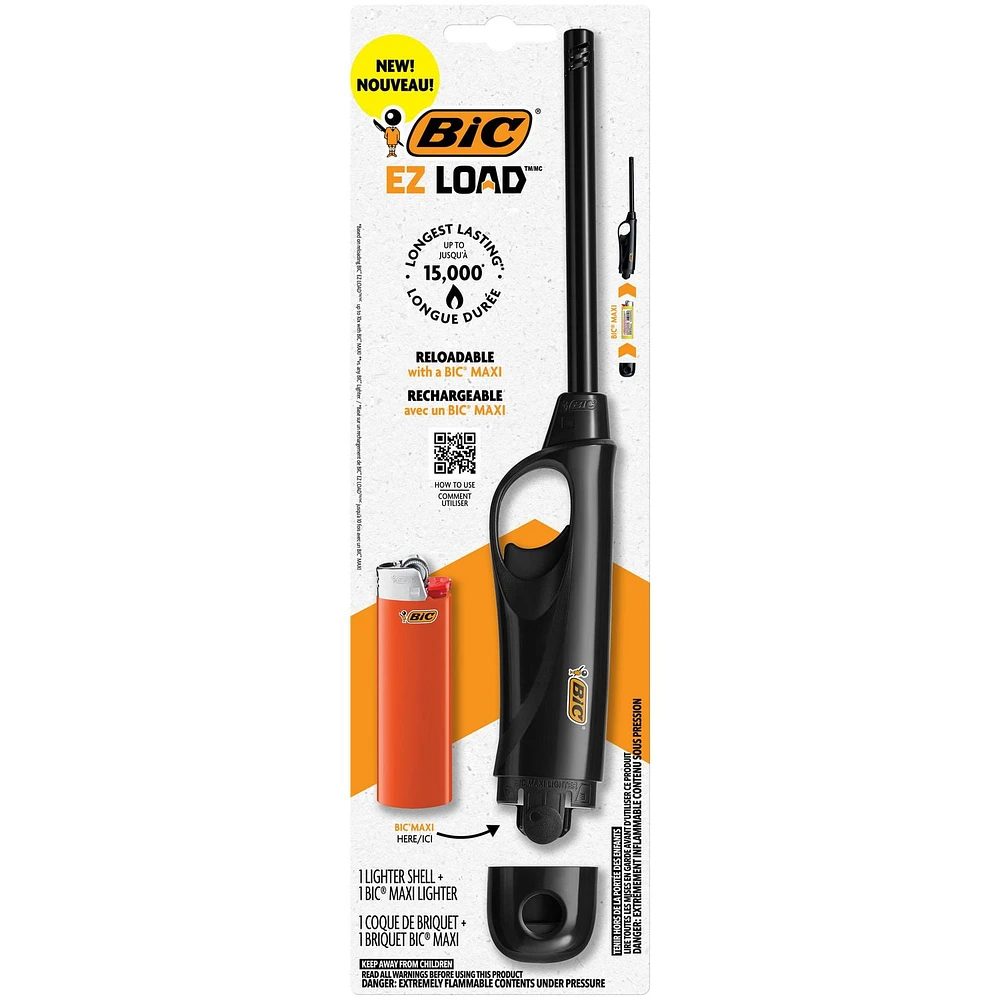 BIC EZ LOAD Lighter, Reloadable Multi Purpose Lighter, Great To Use as a Utility Lighter or Camp Lighter, Pack with 1 BIC EZ LOAD Long Lighter Shell and 1 BIC Maxi Pocket Lighter (Colours May Vary)