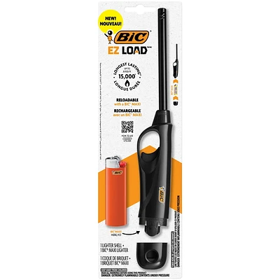 Briquet BIC EZ LOAD, briquet multi-usages rechargeable, idéal à utiliser comme briquet utilitaire ou briquet de camping, lot avec 1 briquet à corps long BIC EZ LOAD et 1 briquet BIC Maxi de poche (les coloris peuvent varier)