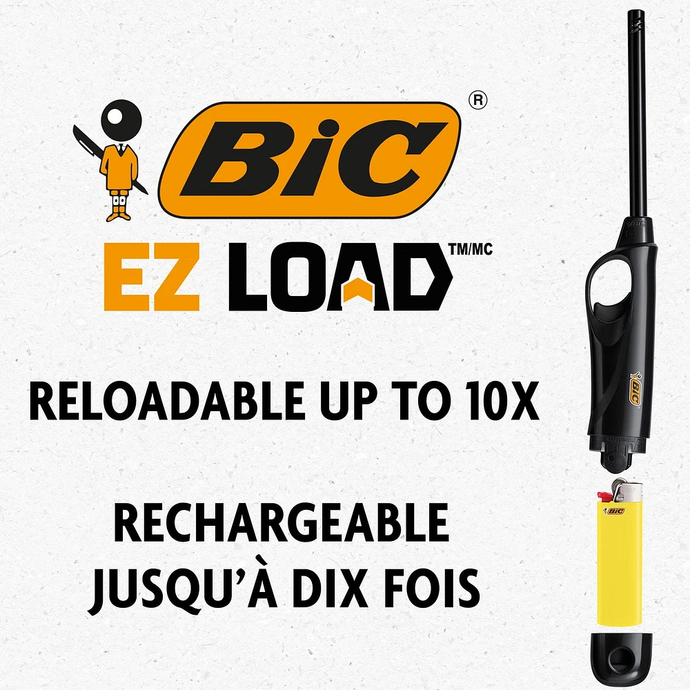 BIC EZ LOAD Lighter, Reloadable Multi Purpose Lighter, Great To Use as a Utility Lighter or Camp Lighter, Pack with 1 BIC EZ LOAD Long Lighter Shell and 1 BIC Maxi Pocket Lighter (Colours May Vary)