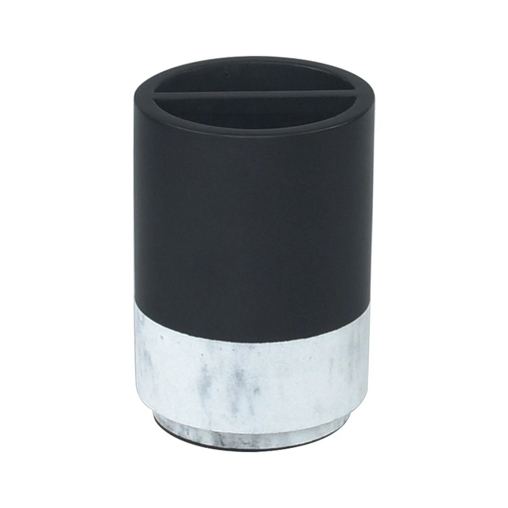 hometrends Black Toothbrush Holder with Faux Marble Trim, Black/faux marble resin toothbrush holder