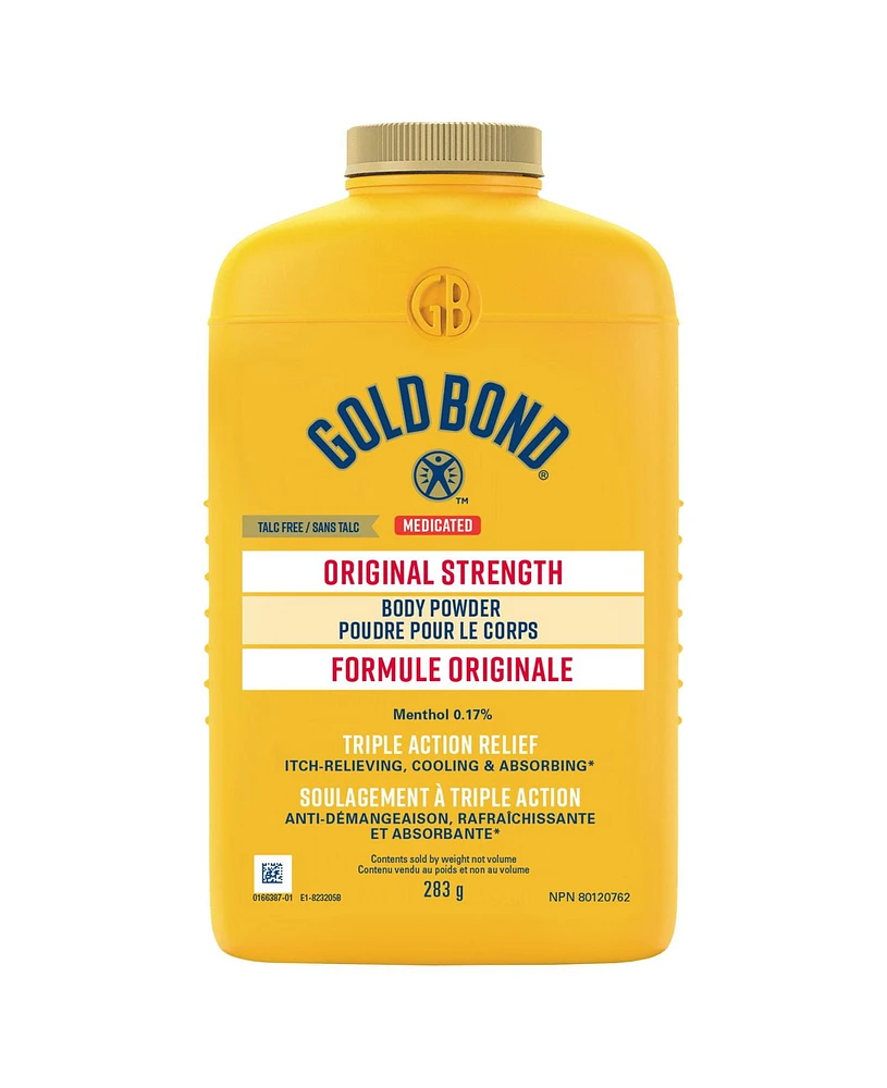 Gold Bond Original Strength Medicated Body Powder, 283g Bottle, Moisture Absorbing, Cooling Powder Offers Temporary Itch Relief and Pain Relief from Minor Burns and Sunburns, Bug Bites and More, 283 g