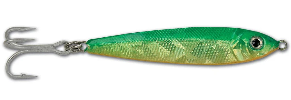 GOT-CHA JF2-GCO Jigfish Lure, 3-1/2", 2oz, 1/0 Treble Hook, Green/Chartreuse/Orange, Jigfish Lure, Green/Chartreuse